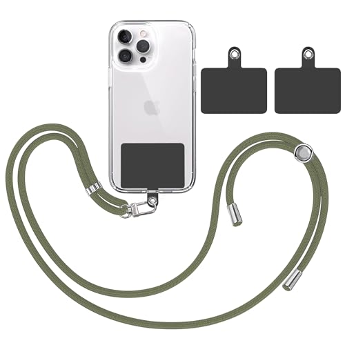 TBOC Band Handykette Schlüsselband Kette Handyschnur [Militärgrün] + 2 [Schwarz] Zusätzliche Befestigungspatches Aufhängen Nacken Universal Handy - Pad Handyband Patch Karabiner Hülle Lanyard von TBOC