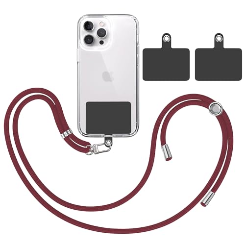 TBOC Band Handykette Schlüsselband Kette Handyschnur [Bordeaux] + 2 [Schwarz] Zusätzliche Befestigungspatches Aufhängen Nacken Universal Handy - Pad Handyband Patch Karabiner Hülle Lanyard von TBOC