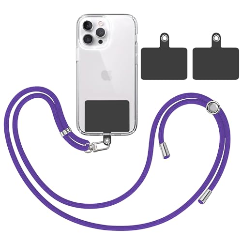 TBOC Pack: Band Handykette Schlüsselband Kette Handyschnur [Violett] + 2 [Schwarz Befestigungspatches] Aufhängen Nacken Universal Handy - Pad Handyband Patch Karabiner Hülle Lanyard Smartphone von TBOC