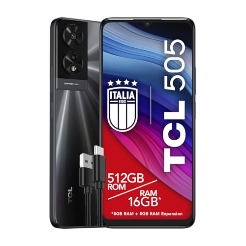TCL 505 – 4G-Smartphone, Display 6,75 HDplus 90 Hz, 512 GB, 16 GB RAM (8plus8 GB RAM-Erweiterung), 50 MP Hybridkamera, Android 14, 5010 mAh Akku, Dual SIM, Space Grau, zusätzliches USB-Typ-C-Kabel von TCL