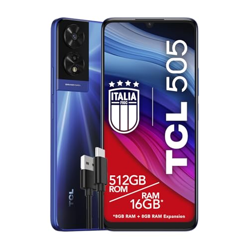 TCL 505–4G-Smartphone, Display 6,75 HDplus 90 Hz, 512 GB, 16 GB RAM (8plus8 GB RAM-Erweiterung), 50-Megapixel-Hybridkamera, Android 14, 5010-mAh-Akku, Dual-Sim, Ozeanblau, zusätzliches USB-Typ-C-Kabel von TCL