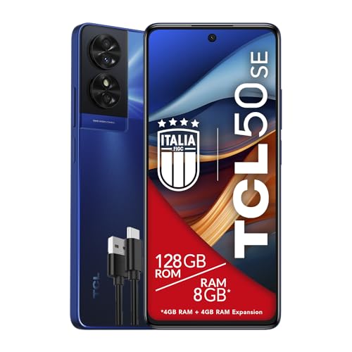 TCL 50SE Smartphone 4G Display 6,78 Zoll FHD+ 90 Hz, 128 GB, 8 GB RAM (4 GB + 4 GB RAM Erweiterung), 50 MP Hybrid-Kamera, Android 14, Akku 5010 mAh Fast Charging, Dual SIM, Blau, zusätzliches USB von TCL