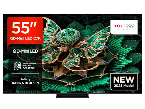 TCL 55C7K 55 Zoll QD-Mini LED-Fernseher, 4K HDR Premium 2600, Smart Google TV mit 144Hz Motion Clarity Pro (Dolby Vision IQ & Atmos, CrystGlow HVA-Panel, Audio von Bang & Olufsen, Game Master) von TCL