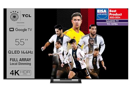 TCL 55T8A 55-Zoll-Fernseher, QLED, HDR 1000 nits, Full Array Local Dimming, IMAX Enhanced, 144Hz VRR, Dolby Vision und Atmos TV, Unterstützt bei Google von TCL