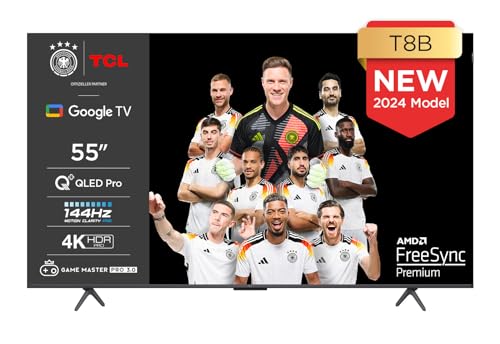 TCL 55T8B 55-Zoll QLED Pro 144Hz Onkyo Gaming Fernseher, 4K UHD, HDR Pro, Google TV (Dolby Vision IQ & Atmos, Motion Clarity, Freihändige Sprachsteureung, Kompatibel mit Google Assistant & Alexa) von TCL