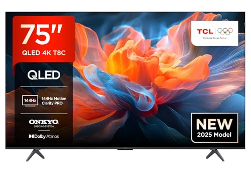TCL 75T8C 75 Zoll QLED 4K HDR UHD Fernseher, Smart Google TV Dolby Vision & Atmos, 144Hz Motion Clarity Pro, FreeSync, Onkyo 2.1 Sound, Sprachsteuerung, Kompatibel mit Google Assistant von TCL