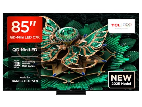 TCL 85C7K 85 Zoll QD-Mini LED Fernseher, 4K HDR Premium 3000, Smart Google TV mit 144Hz Motion Clarity Pro (Dolby Vision IQ & Atmos, CrystGlow HVA Panel, Audio von Bang & Olufsen, Game Master) von TCL