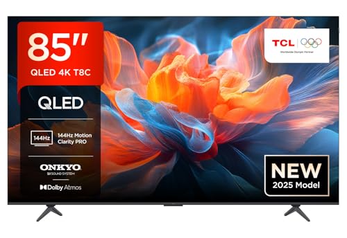 TCL 85T8C 85“ QLED 4K HDR Ultra HD Fernseher, Smart TV mithilfe von Google TV (Dolby Vision & Atmos, 144Hz Motion Clarity Pro, FreeSync, Onkyo 2.1 Sound, Sprachsteuerung) von TCL