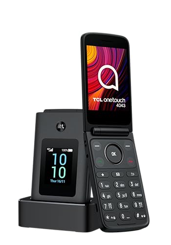 TCL Onetouch 4043 Smartphone, einfach zu bedienen, große Tasten, 4G, Zwei Clip-Displays, Taschenlampe, 1380-mAh-Akku, Bluetooth, Dual-SIM, 3,5-mm-Audioanschluss, mit Ladestation (Grau) von TCL