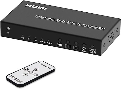 4 Port HDMI Switch 4x1 Quad Multiviewer, 4K HDMI Seamless Switch mit IR-Fernbedienung, 5 Viewing Modi, Unterstützung 3D 4K 1080p 720p für Security Camera/Xbox/PS4/PC/HDTV von TCNEWCL