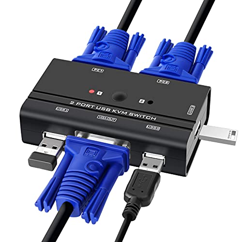 TCNEWCL 2 Port KVM Switch VGA mit 2-in-1 Kabel, VGA USB KVM Switcher 2 PCs 1 Monitor, mit 3 USB 2.0 Schnittstellen für Tastatur, Maus, Drucker, U-Laufwerk, unterstützung 1080P Full-HD von TCNEWCL