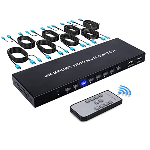 TCNEWCL 4K HDMI KVM Switch 8 Port, HDMI KVM Umschalter 8 in 1 out für 8 Computer Aktie Tastatur, Maus, Drucker und 1 HD-Monitor, mit Fernbedienung und 8 USB+HDMI 2-in-1-Kabel von TCNEWCL