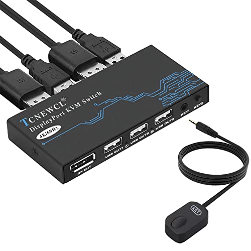 TCNEWCL DP KVM Switch 2 Port, 4K 60Hz DisplayPort KVM Umschalter für 2 PC 1 Monitor + 3 USB2.0-Geräte, DP 1.2 Switch für Laptop, PC, Xbox HDTV, mit 2 DP-Kabel und 2 USB-Kabel von TCNEWCL