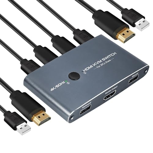 TCNEWCL HDMI KVM Switch 2 PC 1 Monitor Aluminium, 4K 60Hz KVM Switcher 2 Port USB HDMI Umschalter, mit 2 HDMI 2.0 Kabel und 2 USB 2.0 Kabel von TCNEWCL