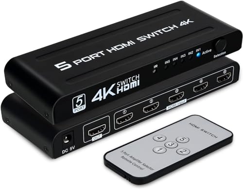 TCNEWCL HDMI Switch 5 in 1 Out HDMI Umschalter 4K, HDMI Switcher Selector 5 Port Video Umschaltpulte mit IR Fernbedienung Unterstützung 4K UHD 3D für PS4/Xbox/Blu-Ray-Player/HDTV/DVD von TCNEWCL