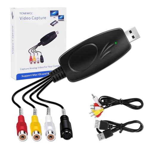 TCNEWCL Video Capture Card USB 2.0 Video Grabber Überträgt Hi8 VHS auf Digital DVD für Windows 10/Mac, mit AV-Verlängerungskabel, EIN-Knopf-Videorecorder-Bearbeiten, Speichern und auf DVD Brennen von TCNEWCL