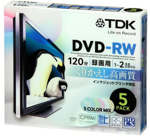 TDK Dies ist EIN Wiederbeschreibbarer DVD-RW CPRM 4,7 GB 120 Min 1–2 X 5 Color Mix Inkjet bedruckbar 5 Pack 5 mm Slim Case drw120dpma5u (Japan Import) von TDK