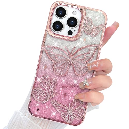 TEAUGHT Schutzhülle für iPhone 16 Pro, 16,3 cm (6,3 Zoll), niedlicher Glitzer, 3D-Schmetterling, entworfen für Frauen und Mädchen, luxuriöse Beschichtung, glitzernd, dünn, weiches TPU, stoßfeste von TEAUGHT