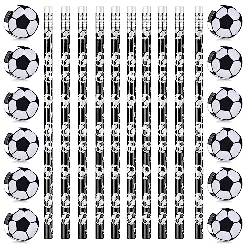 TECHEEL 12 Stück Fußball Bleistifte+12 Stück Fußball Radiergummi Süße Neuheit Fußball Partytütenfüller Bleistifte mit Radiergummi Kinder Fußball Mitgebsel Bleistifte Mitgebsel Fußball Kindergeburtstag von TECHEEL