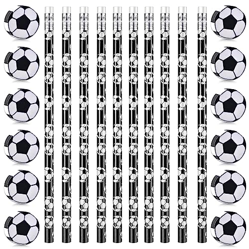 TECHEEL 10 Stück Fußball Bleistifte+10 Stück Fußball Radiergummi Süße Neuheit Fußball Partytütenfüller Bleistifte mit Radiergummi Kinder Fußball Mitgebsel Bleistifte Mitgebsel Fußball Kindergeburtstag von TECHEEL