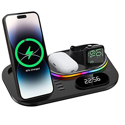 4-in-1 kabellose Ladestation mit Uhr und Licht, TECHGEAR 30 W, schnelle kabellose Ladestation für iPhone 14/13/12/11/XR/XS/Max, Air Pods 3/2/1/Pro, Apple Watch Serie 8–2, Samsung S23/22 Ultra usw von TECHGEAR