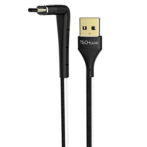 TECHGEAR 1 Meter USB C kabel 90 Grad Rechter Winkel Schnellladekabel mit Ständer passt Huawei P30, P20, Moto, Samsung S24,S23,S22,S21 FE, A15, A14, A24, A25, Pixel 8, OnePlus 10 usw, Schwarz von TECHGEAR