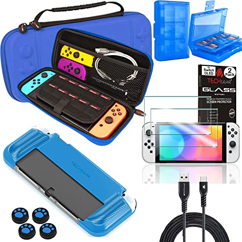 TECHGEAR 10in1 Switch Oled Zubehör Set, Harte Schutzhülle Reise hülle, Sanft Griff hülle, 24 Spielehalter 4x Daumengriff 2x Glas & 2 Meter Kabel, Hülle und Glas Bundle Nintendo Switch Oled von TECHGEAR