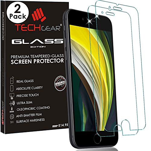 TECHGEAR 2 Stuck Glas Edition kompatibel mit iPhone SE 2022 5G / SE 2020 4,7 Zoll Schutzfolie, gehärtetes Glas, Displayschutzfolie [2.5D abgerundete Kante] [9H Härte] [Kristallklarheit] [Kratzfest] von TECHGEAR