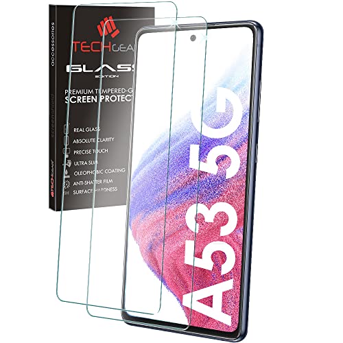 TECHGEAR [2 Stück Glas Schutzfolie kompatibel mit Samsung Galaxy A53 5G Displayschutz folie aus gehärtetem Glas (2.5D Runde Kante) [9H Härte] [Crystal Clarity] [No-Bubbles] von TECHGEAR