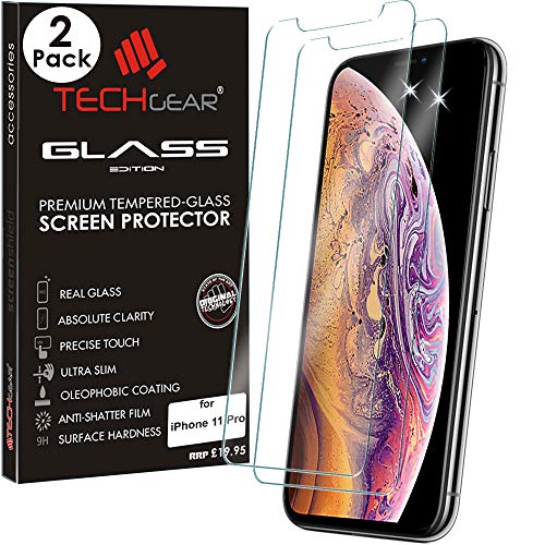 TECHGEAR [2 Stück Schutzfolie kompatible mit iPhone 11 Pro, Displayschutzfolie aus gehärtetem Glas (2.5D Runde Kante) [9H Härte] [Crystal Clarity] [Nein-Bläschen] kompatible mit iPhone 11 Pro 5,8 von TECHGEAR