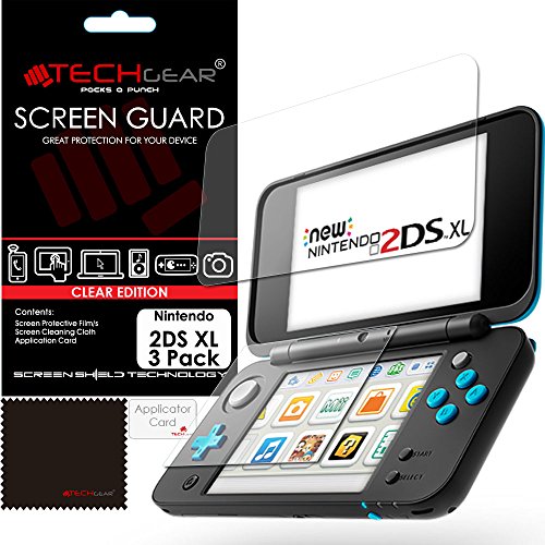 TECHGEAR [3 Stück Displayschutz für Nintendo 2DS XL (Oben und unten) - Ultra Klare Schutzfolie für Nintendo 2DS XL - mit Reinigungstuch + Applikationskarte von TECHGEAR