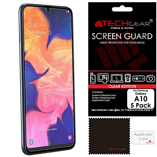 TECHGEAR [5 Stück] Displayschutz für Galaxy A10 - Ultra Klare Schutzfolie für Samsung Galaxy A10 mit Reinigungstuch + Applikationskarte von TECHGEAR
