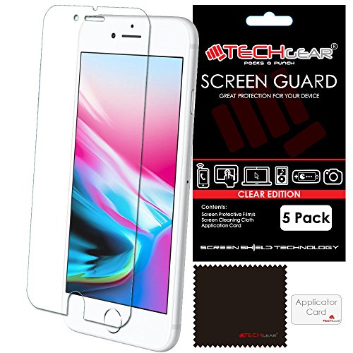 TECHGEAR [5 Stück Displayschutz für iPhone 8 Plus, iPhone 7 Plus (5.5 Zoll) - Ultra Klare Schutzfolie für iPhone 8 Plus, iPhone 7 Plus (5.5) - mit Reinigungstuch + Applikationskarte von TECHGEAR