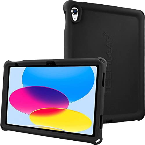 TECHGEAR Bumper iPad 10 Hülle Silikon [Kinderfreundlich] Stark Schutzhülle Weicher Hülle rutschfeste stoßfeste, Eckenschutz + Schutzfolie Kompatibel mit Apple iPad 10. Generation 2022 (10,9) SCHWARZ von TECHGEAR