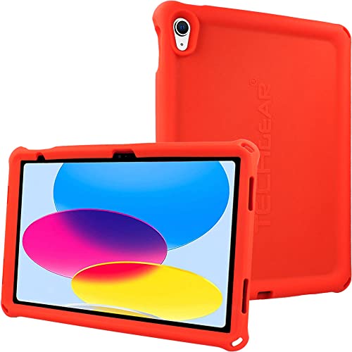 TECHGEAR Bumper iPad 10 Hülle Silikon [Kinderfreundlich] Stark Schutzhülle Weicher Hülle rutschfeste stoßfeste, Eckenschutz + Schutzfolie Kompatibel mit Apple iPad 10. Generation 2022 (10,9) ROT von TECHGEAR