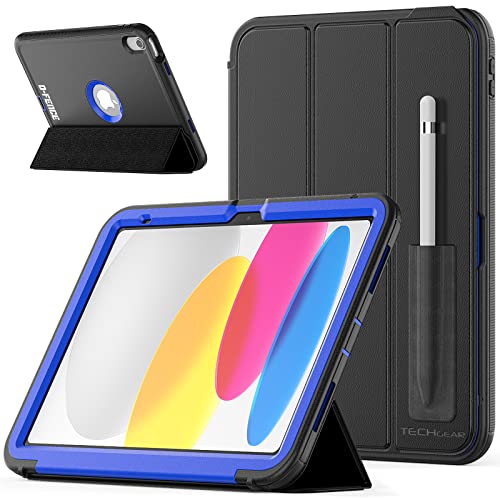 TECHGEAR D-Fence Kompatibel mit Apple iPad 10. Generation 2022 Hülle (10.9) Schlanker, Schlagfester, Robuster Schutzanzug Rüstung Defence Smart Fall, Kinder Schule Bauherren Arbeiter + Folie, Blau von TECHGEAR