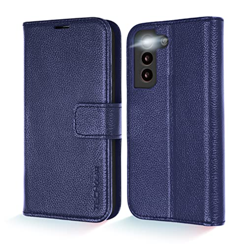 TECHGEAR [Echtes Leder Hülle Kompatibel mit Samsung Galaxy S22, Stoßfest Handyhülle [Erstklassiges Echtes Leder] [3 Kartenfächer, RFID-Blockierung] [Magnet] [Standfunktion] - Blau von TECHGEAR