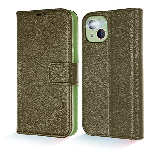 TECHGEAR [Echtes Leder Hülle Kompatibel mit iPhone 13 Mini, Stoßfest Handyhülle [Erstklassiges Echtes Leder] [3 Kartenfächer, RFID-Blockierung] [Magnet] [Standfunktion] - Grün von TECHGEAR