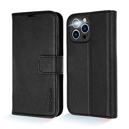 TECHGEAR [Echtes Leder Hülle Kompatibel mit iPhone 13 Pro, Stoßfest Handyhülle [Erstklassiges Echtes Leder] [3 Kartenfächer, RFID-Blockierung] [Magnet] [Standfunktion] - Schwarz von TECHGEAR