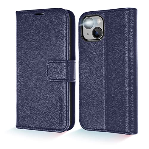 TECHGEAR Echtes Leder Hülle Kompatibel mit iPhone 14 Plus, Stoßfest Leder Handyhülle [Erstklassiges Echtes Leder] [3 Kartenfächer, RFID-Blockierung] [Magnet] [Standfunktion] - Blau von TECHGEAR