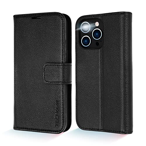 TECHGEAR Echtes Leder Hülle Kompatibel mit iPhone 14 Pro Max, Stoßfest Leder Handyhülle [Erstklassiges Echtes Leder] [3 Kartenfächer, RFID-Blockierung] [Magnet] [Standfunktion] - Schwarz von TECHGEAR