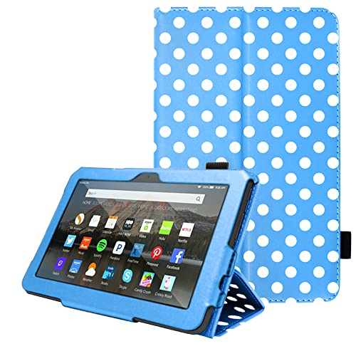 TECHGEAR Hülle für Neue Fire 7 Tablette 2022 (12. Generation) PU Leder Slim Hülle mit Ständer und Handschlaufe [Auto Schlaf/Wach] Schutzhülle Tasche für Amazon Fire 7" 12. Generation -Blau Polka Dot von TECHGEAR