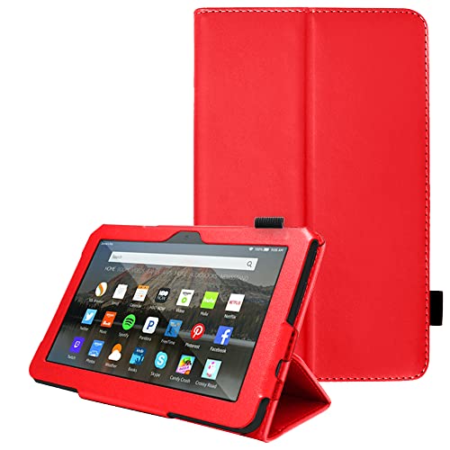 TECHGEAR Hülle für Neue Fire 7 Tablette 2022 (12. Generation) PU Leder Slim Hülle mit Ständer und Handschlaufe [Auto Schlaf/Wach] Schutzhülle Tasche für Amazon Fire 7" 12. Generation - Rot von TECHGEAR