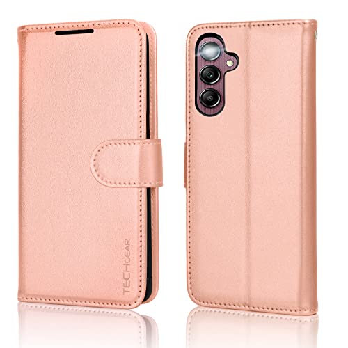 TECHGEAR Leder Hülle Galaxy A14 5G, PU Leder Flip Case Schutzhülle Ledertasche [Brieftasche] Handyhülle mit Ständer und Handschlaufe Beutel kompatibel mit Samsung Galaxy A14 5G Rose Gold von TECHGEAR