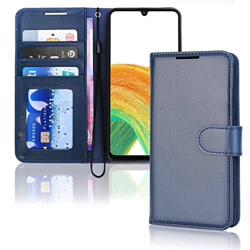 TECHGEAR Leder Hülle Galaxy A33 5G, PU Leder Flip Case Schutzhülle Ledertasche [Brieftasche] Handyhülle mit Ständer und Handschlaufe Beutel kompatibel mit Samsung Galaxy A33 5G - Blau von TECHGEAR