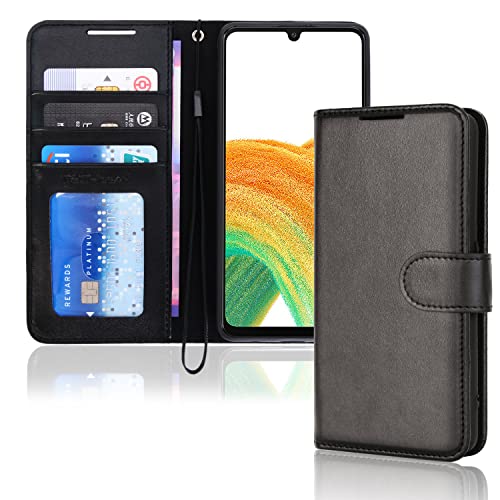 TECHGEAR Leder Hülle Galaxy A33 5G, PU Leder Flip Case Schutzhülle Ledertasche [Brieftasche] Handyhülle mit Ständer und Handschlaufe Beutel kompatibel mit Samsung Galaxy A33 5G - Schwarz von TECHGEAR