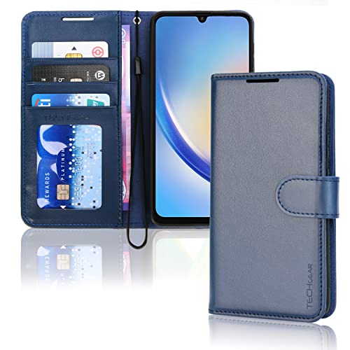 TECHGEAR Leder Hülle Galaxy A34 5G, PU Leder Flip Case Schutzhülle Ledertasche [Brieftasche] Handyhülle mit Ständer und Handschlaufe Beutel kompatibel mit Samsung Galaxy A34 5G - Blau von TECHGEAR