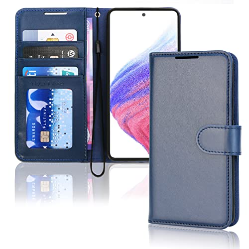 TECHGEAR Leder Hülle Galaxy A53 5G, PU Leder Flip Case Schutzhülle Ledertasche [Brieftasche] Handyhülle mit Ständer und Handschlaufe Beutel kompatibel mit Samsung Galaxy A53 5G - Blau von TECHGEAR