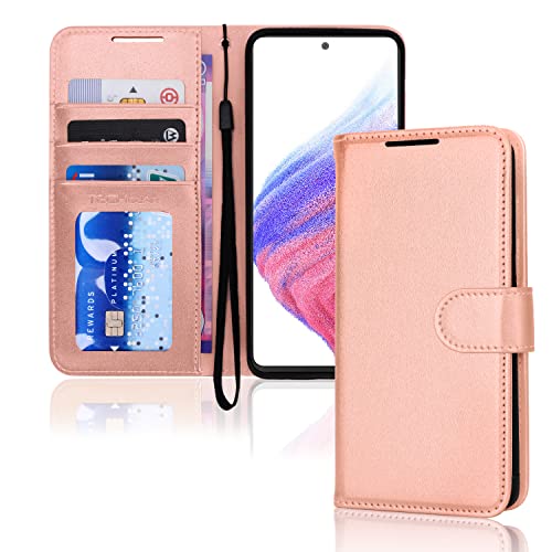 TECHGEAR Leder Hülle Galaxy A53 5G, PU Leder Flip Case Schutzhülle Ledertasche [Brieftasche] Handyhülle mit Ständer und Handschlaufe Beutel kompatibel mit Samsung Galaxy A53 5G Rose Gold von TECHGEAR