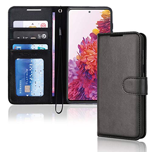 TECHGEAR Leder Hülle Galaxy S20 FE, PU Leder Flip Case Schutzhülle Ledertasche [Brieftasche] Handyhülle mit Ständer und Handschlaufe Beutel kompatibel mit Samsung Galaxy S20 FE Fan Edition - Schwarz von TECHGEAR